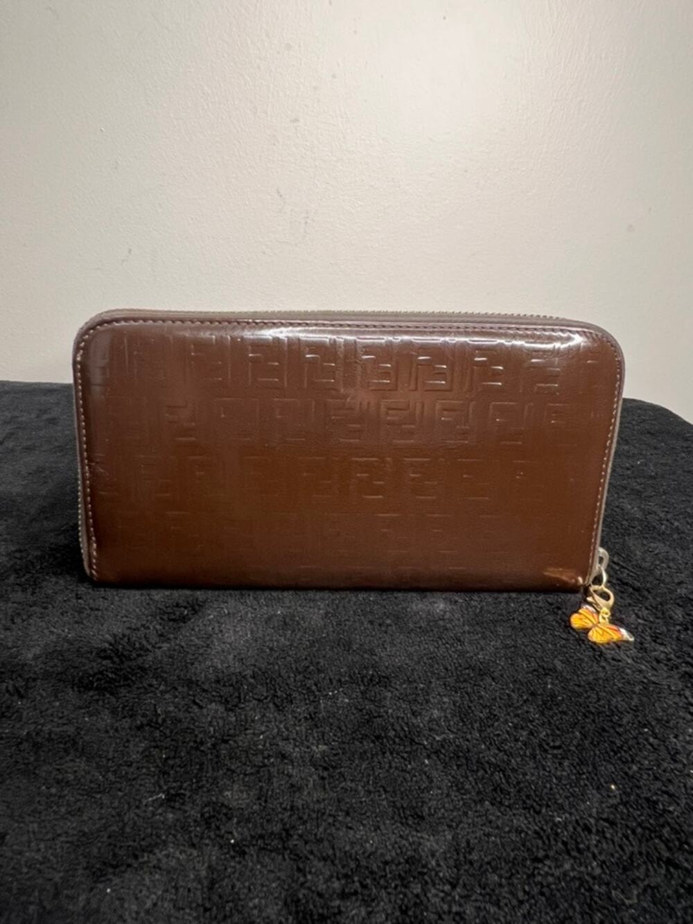 Fendi Brown Zucca Embossed Patent Leather Zip Around Wallet Italy Auth